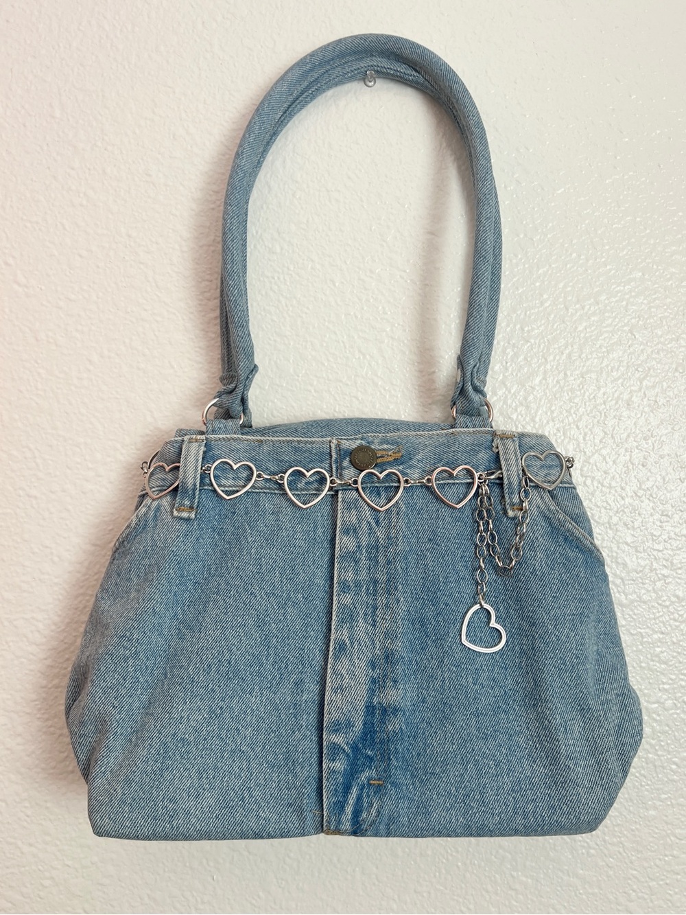 Upcycled Denim Heart Chain Shoulder Bag